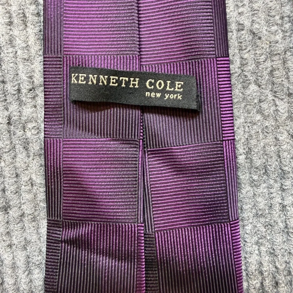 Kenneth‎ Cole New York Purple Silk Tie Woven Checkered Designer Necktie X-Long
